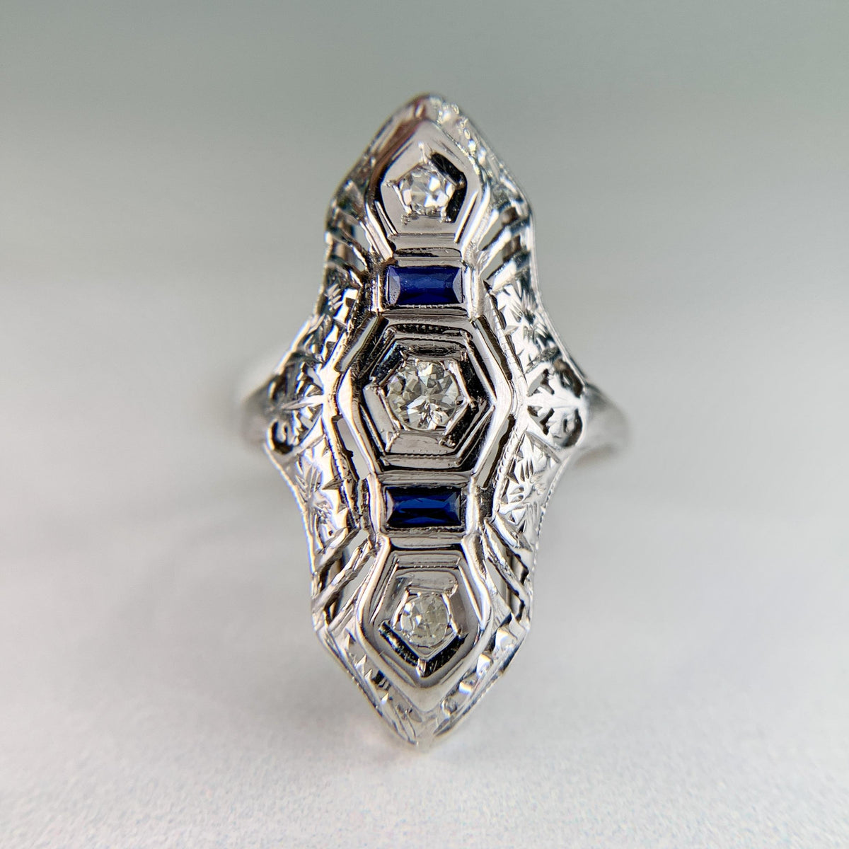 1930's Art Deco Old Cut Diamond and Sapphire Shield Dinner Ring 18k