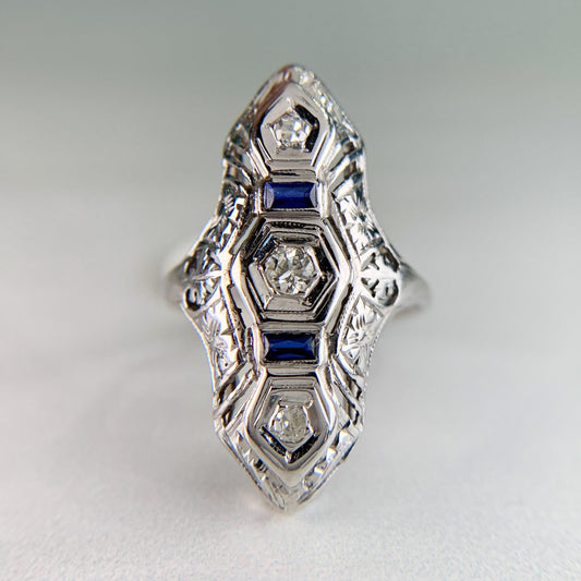 1930's Art Deco Old Cut Diamond and Sapphire Shield Dinner Ring 18k