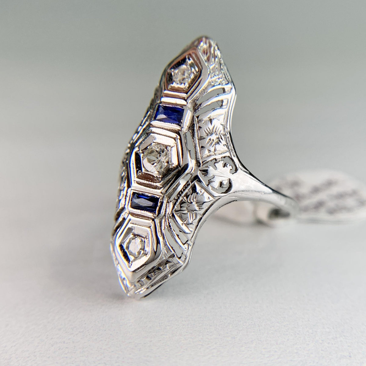 1930's Art Deco Old Cut Diamond and Sapphire Shield Dinner Ring 18k