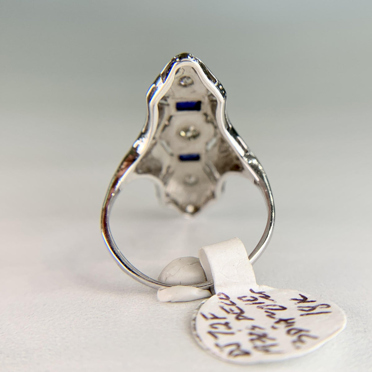 1930's Art Deco Old Cut Diamond and Sapphire Shield Dinner Ring 18k