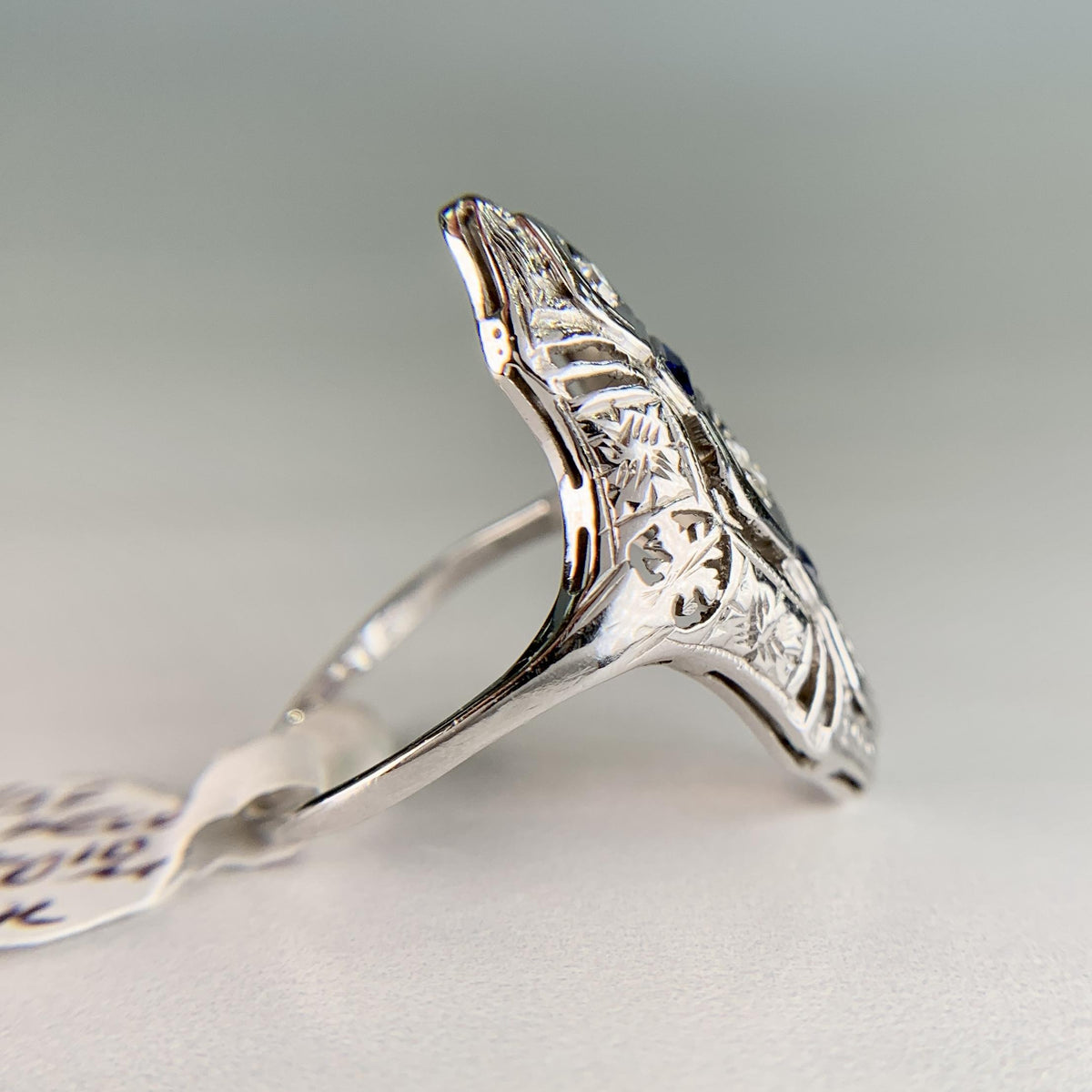 1930's Art Deco Old Cut Diamond and Sapphire Shield Dinner Ring 18k