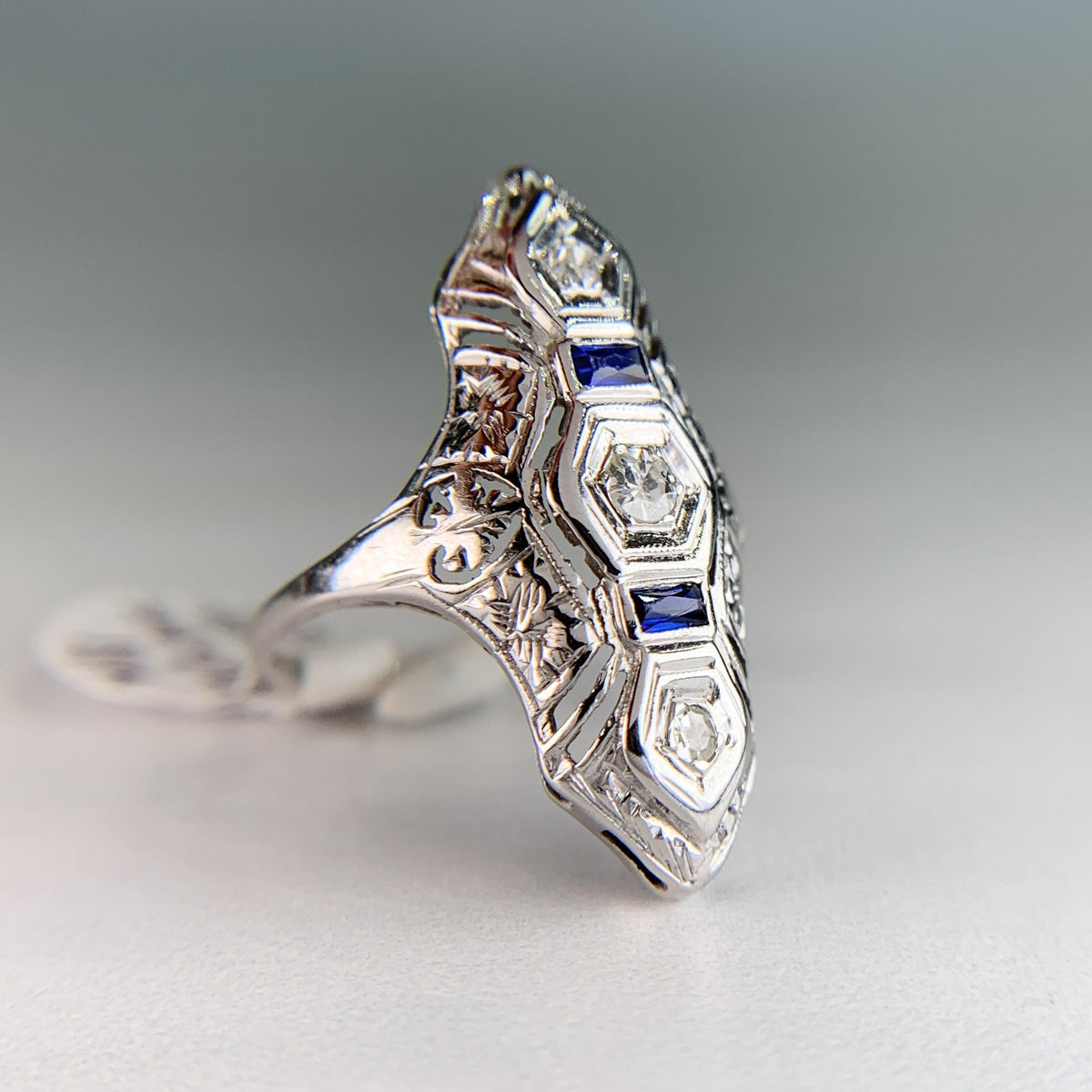 1930's Art Deco Old Cut Diamond and Sapphire Shield Dinner Ring 18k
