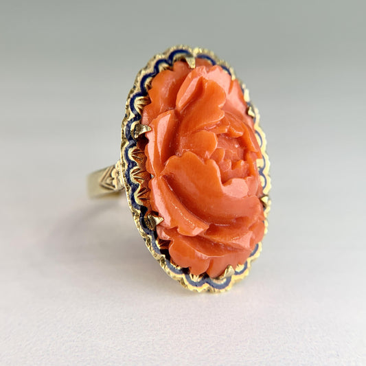 Vintage 1960's Carved Coral and Enamel Ring 14k Yellow Gold