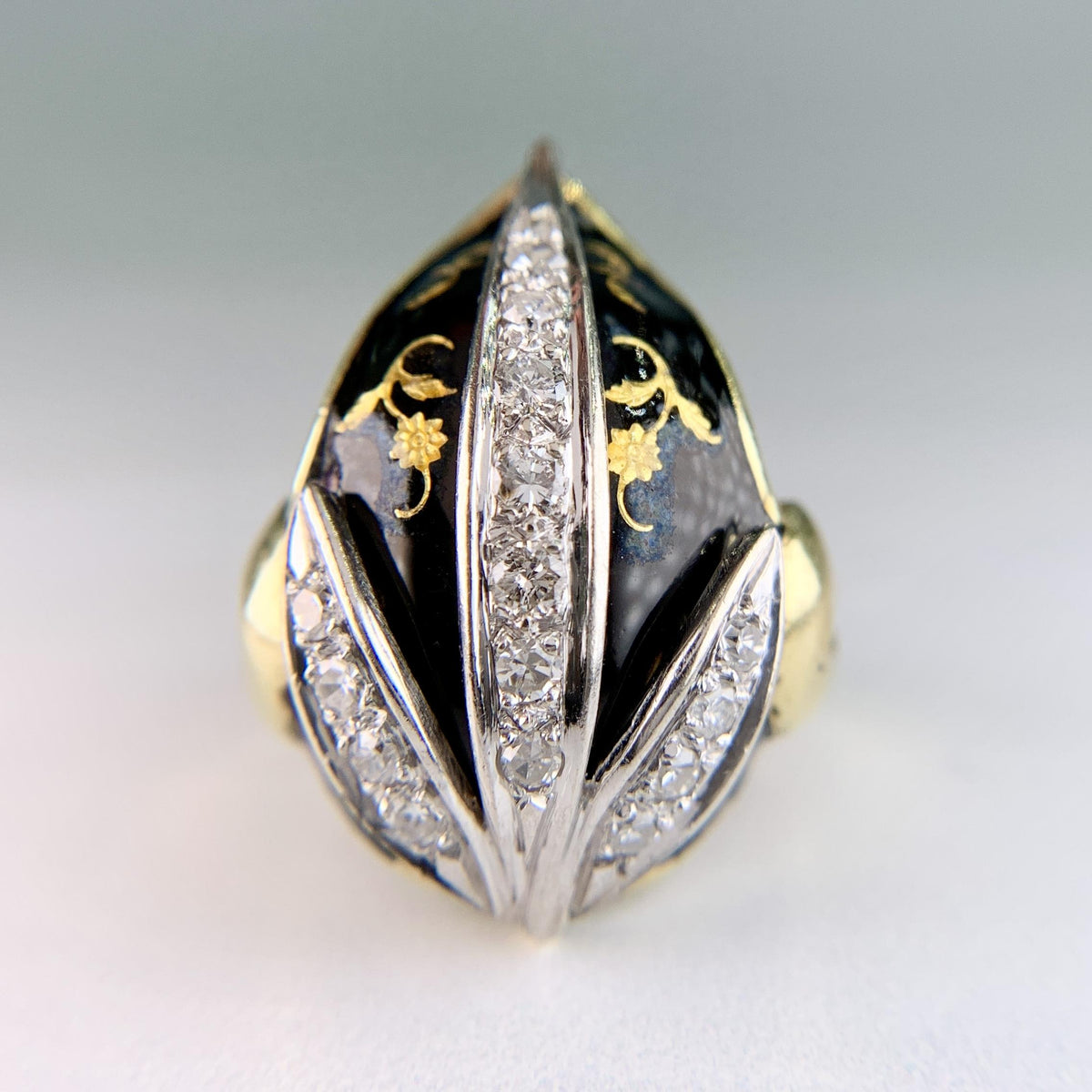 Vintage Black Enamel and Diamond Tulip Ring 18k Yellow Gold