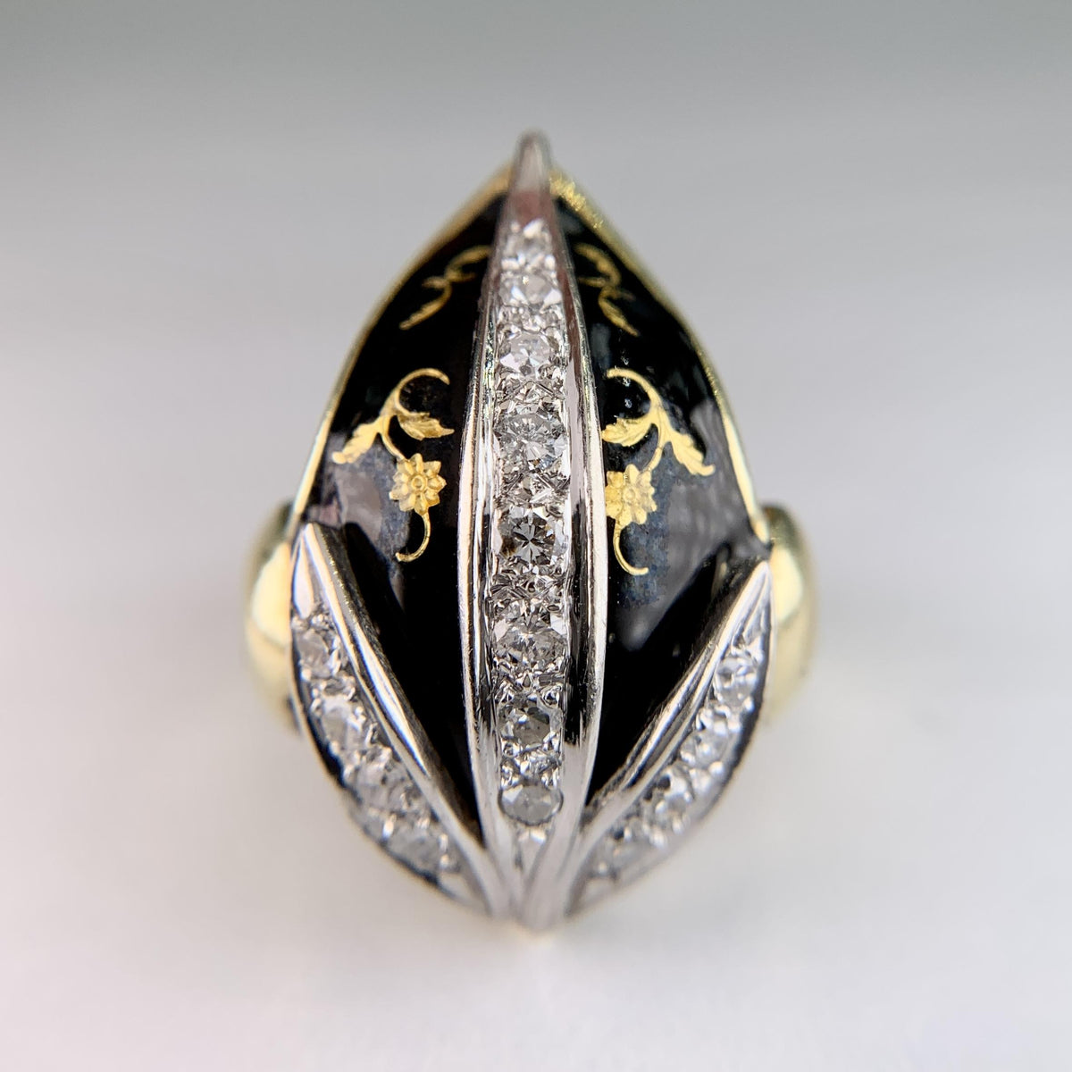 Vintage Black Enamel and Diamond Tulip Ring 18k Yellow Gold