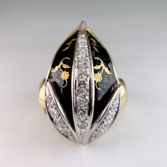 Vintage Black Enamel and Diamond Tulip Ring 18k Yellow Gold
