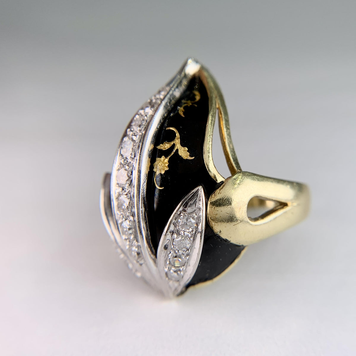 Vintage Black Enamel and Diamond Tulip Ring 18k Yellow Gold