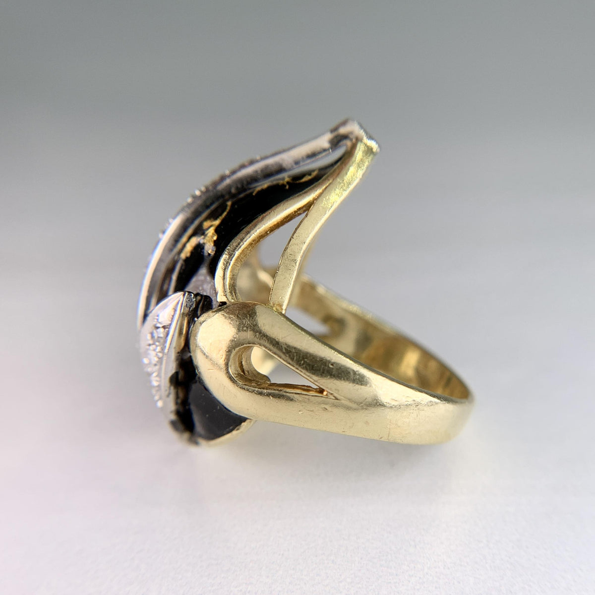Vintage Black Enamel and Diamond Tulip Ring 18k Yellow Gold