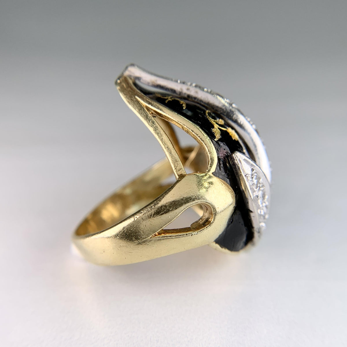 Vintage Black Enamel and Diamond Tulip Ring 18k Yellow Gold