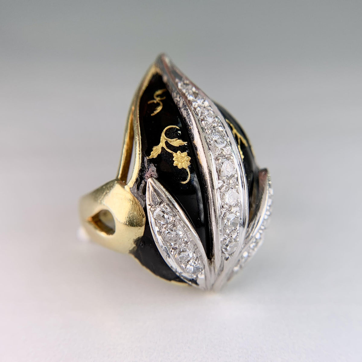 Vintage Black Enamel and Diamond Tulip Ring 18k Yellow Gold