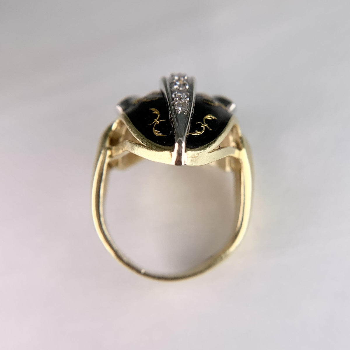 Vintage Black Enamel and Diamond Tulip Ring 18k Yellow Gold