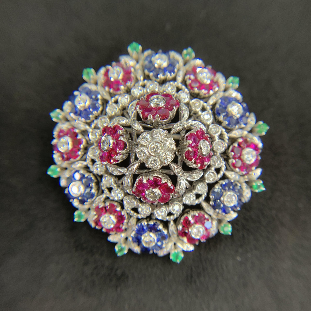 1950's En Tremblant Ruby Sapphire Emerald Diamond Brooch 18/14k