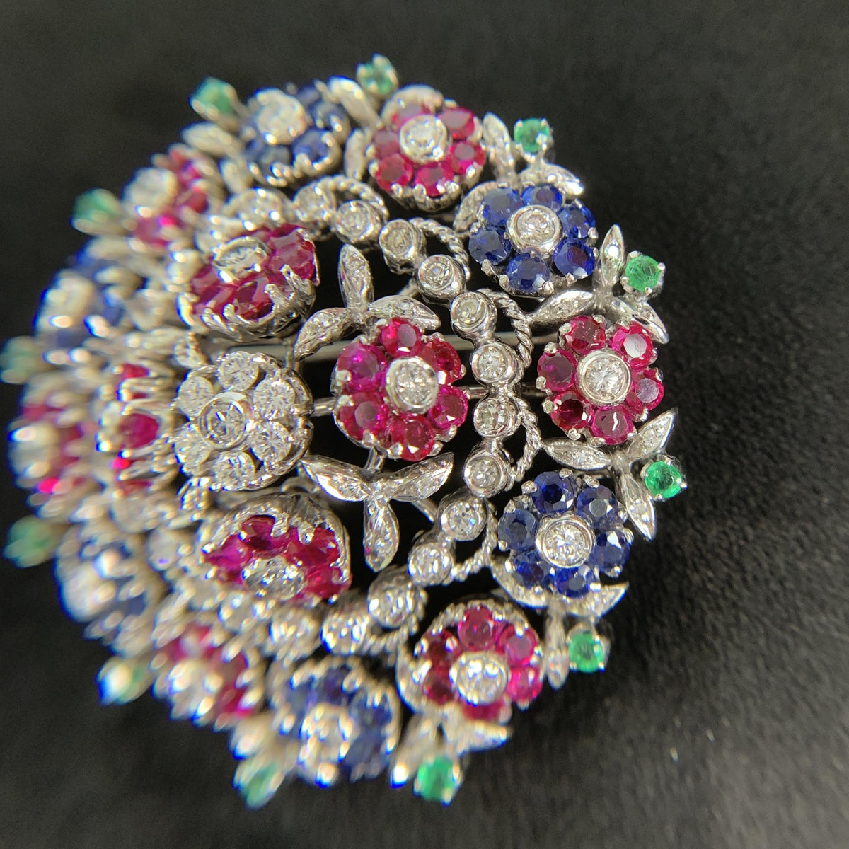 1950's En Tremblant Ruby Sapphire Emerald Diamond Brooch 18/14k
