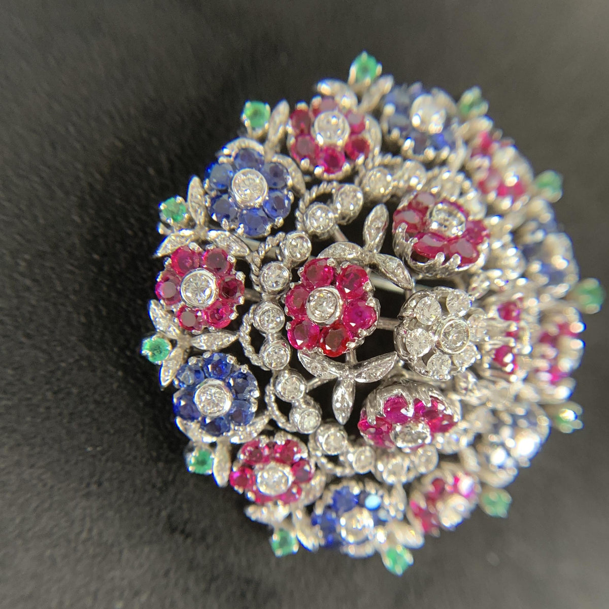 1950's En Tremblant Ruby Sapphire Emerald Diamond Brooch 18/14k