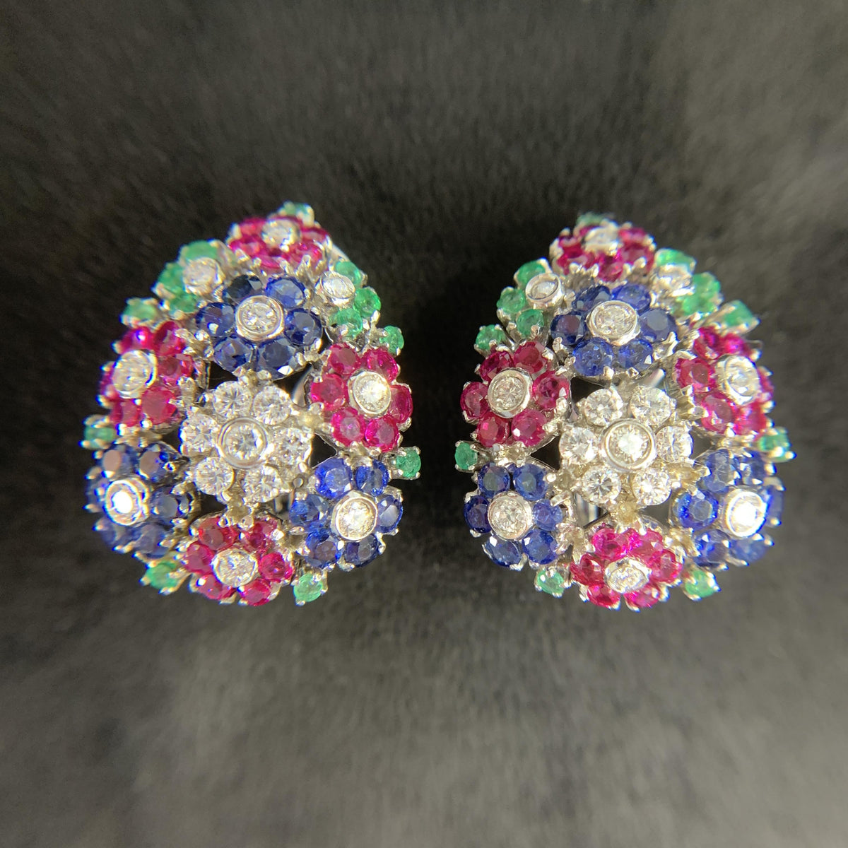 1950's Emerald Ruby Sapphire and Diamond Flower Clip On Earrings 18k White Gold