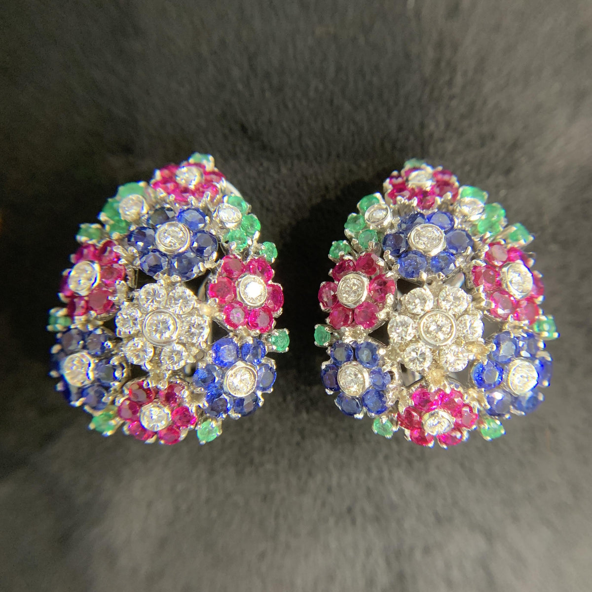 1950's Emerald Ruby Sapphire and Diamond Flower Clip On Earrings 18k White Gold