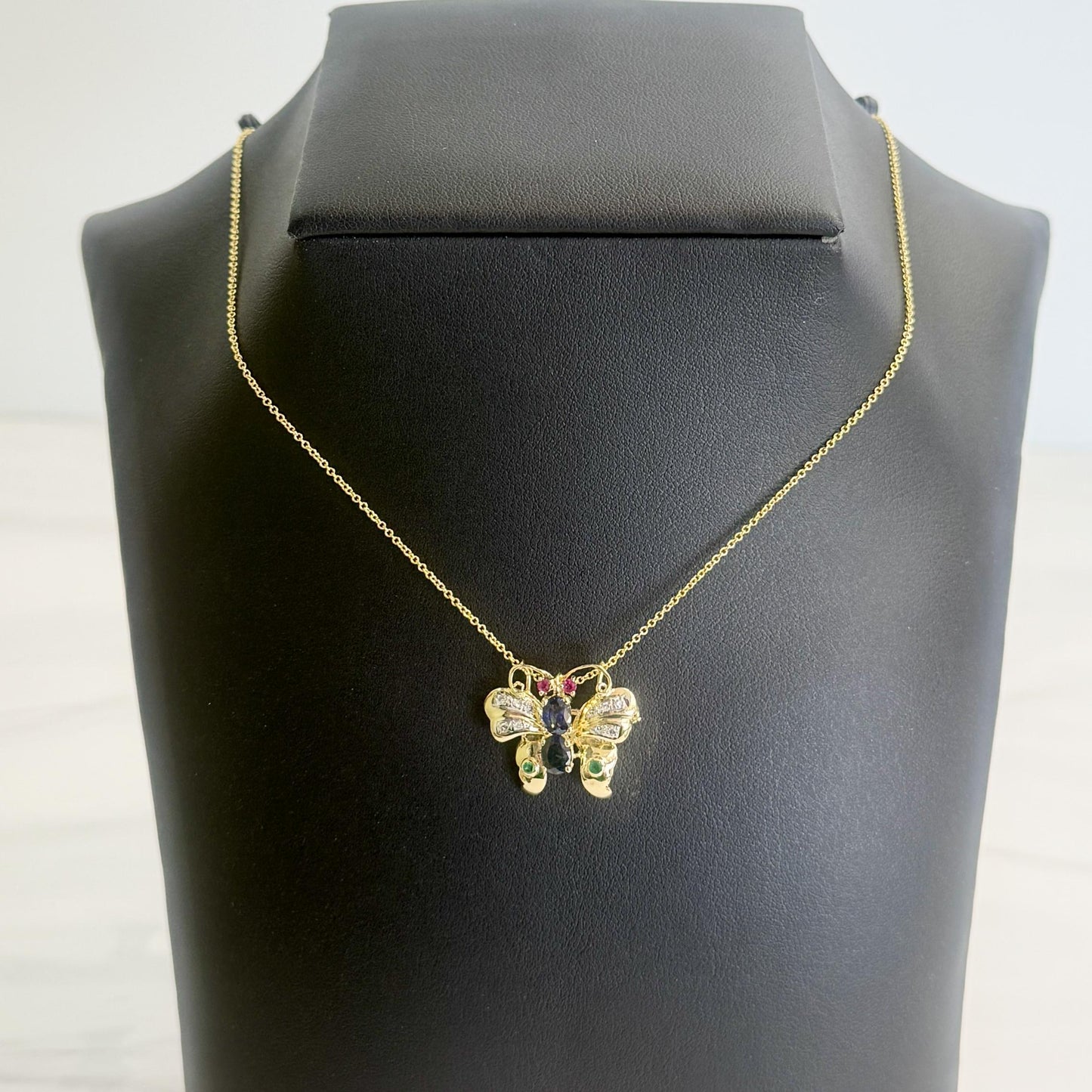 Emerald Sapphire Diamond Butterfly Necklace Brooch 14k Yellow Gold