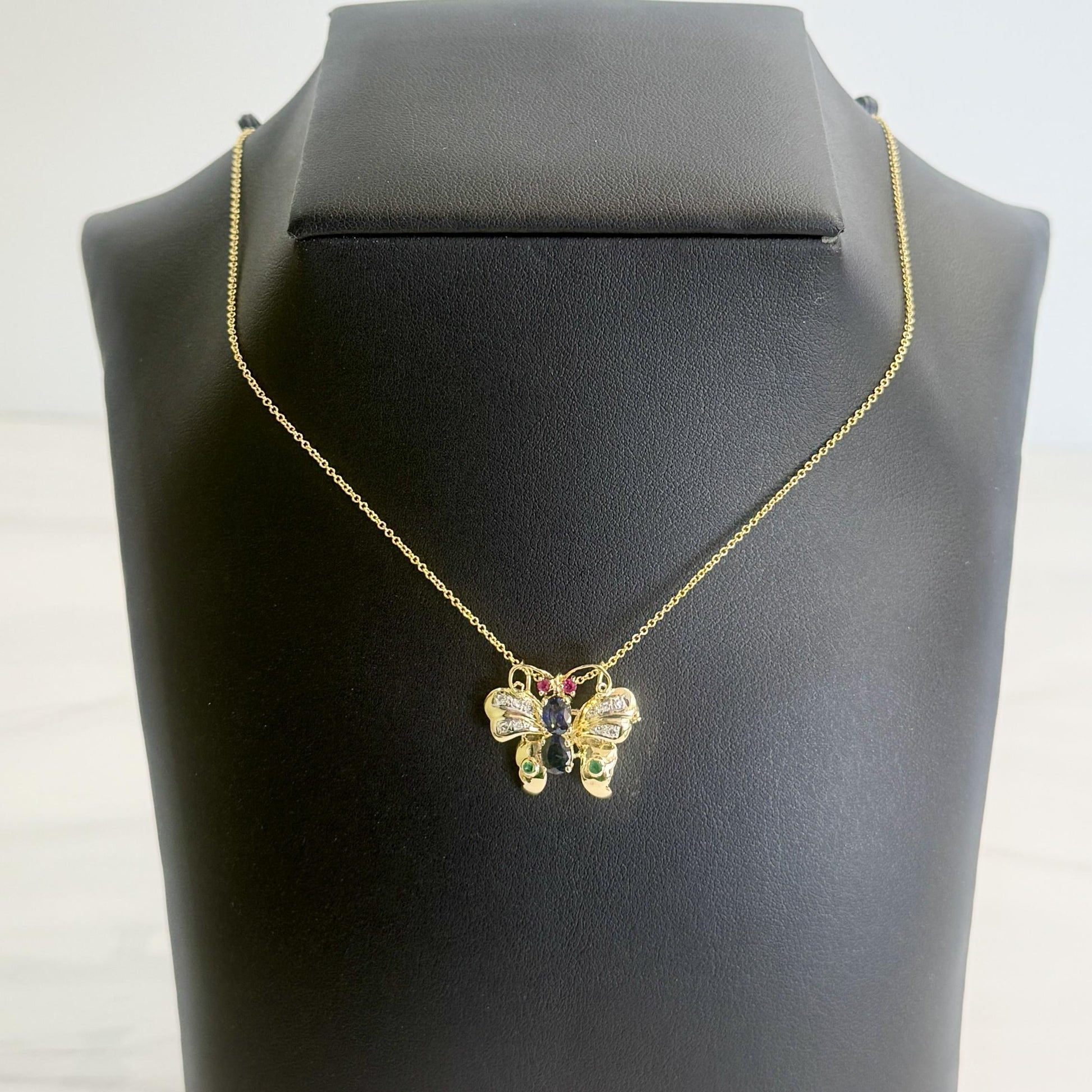 Emerald Sapphire Diamond Butterfly Necklace Brooch 14k Yellow Gold