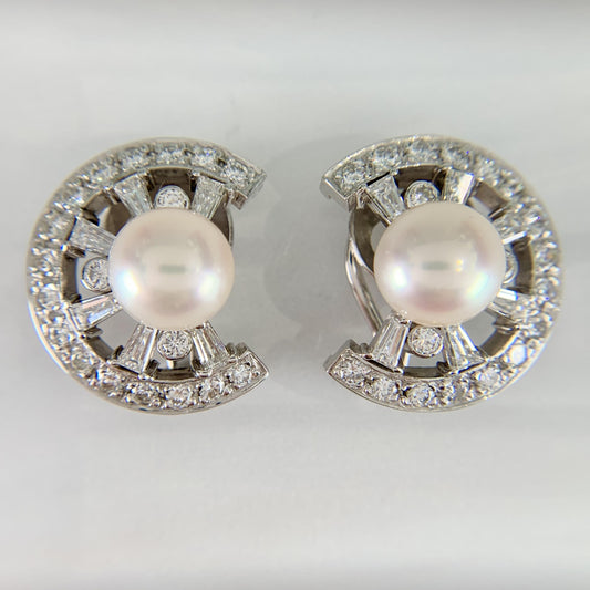 Vintage 1950's Pearl and Diamond Crescent Clip On Earrings 14k White Gold