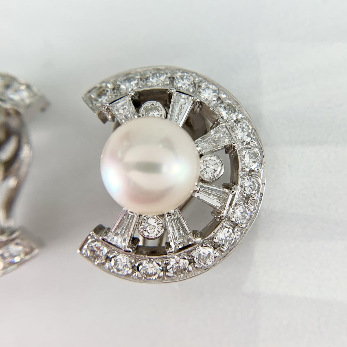 Vintage 1950's Pearl and Diamond Crescent Clip On Earrings 14k White Gold