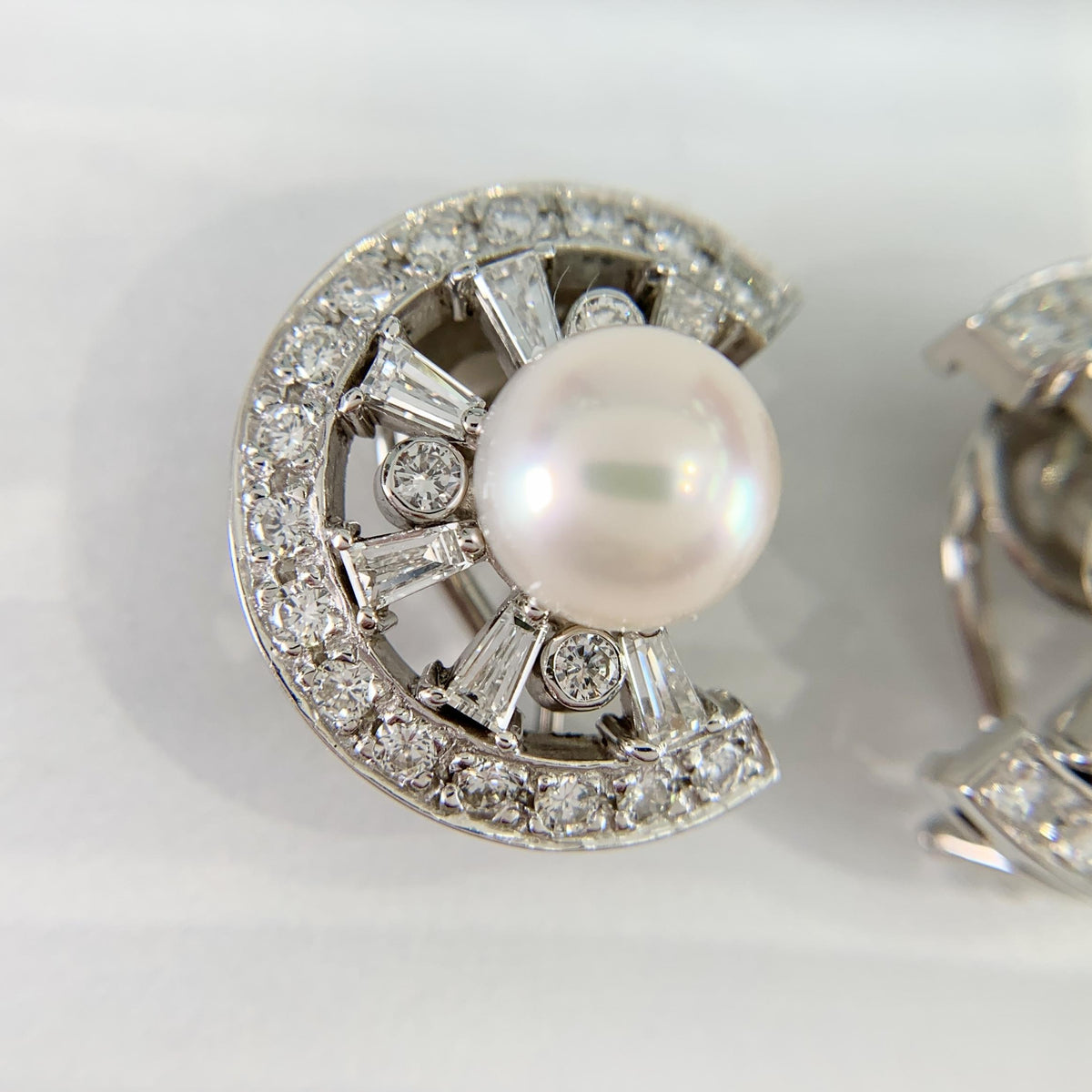Vintage 1950's Pearl and Diamond Crescent Clip On Earrings 14k White Gold
