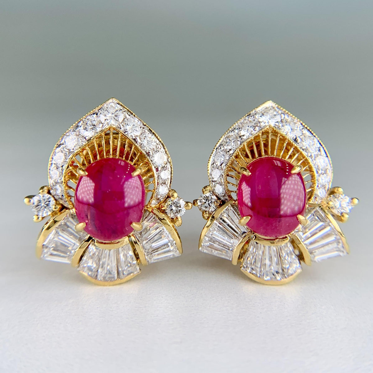 Vintage Ruby Cabochon and Diamond Clip On Earrings 18k Gold