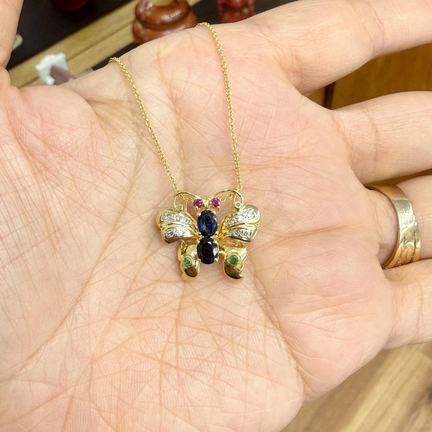 Emerald Sapphire Diamond Butterfly Necklace Brooch 14k Yellow Gold