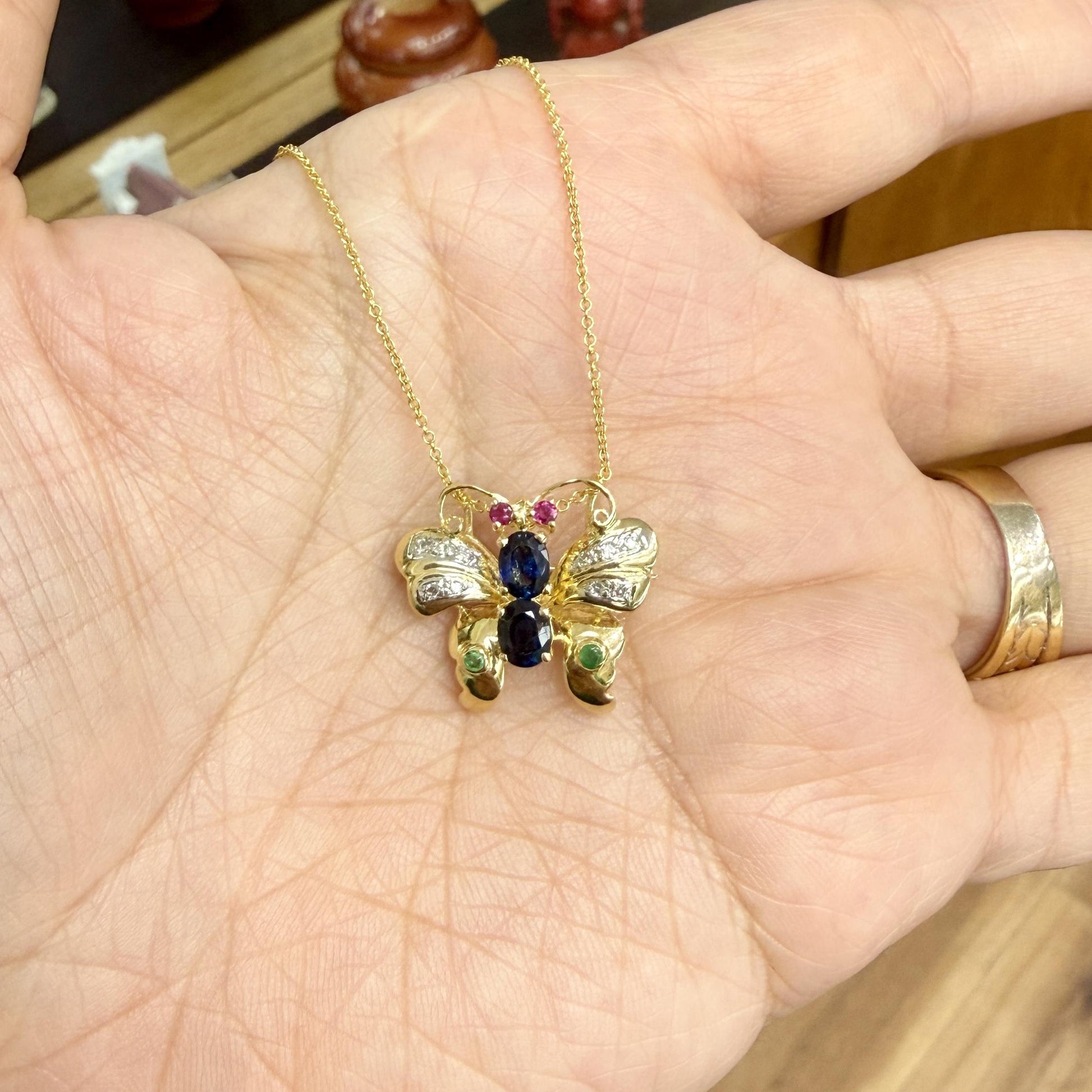 Emerald Sapphire Diamond Butterfly Necklace Brooch 14k Yellow Gold