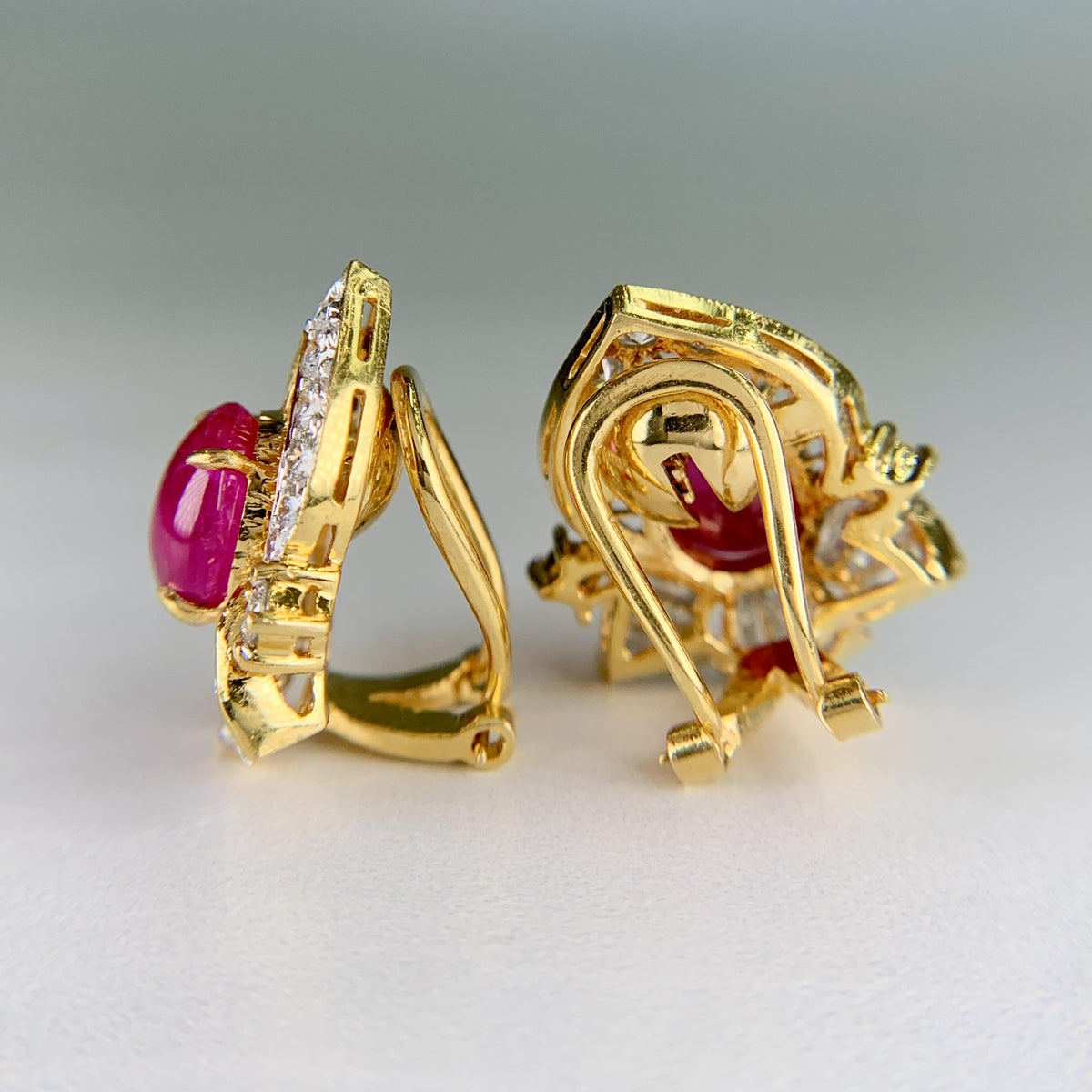 Vintage Ruby Cabochon and Diamond Clip On Earrings 18k Gold