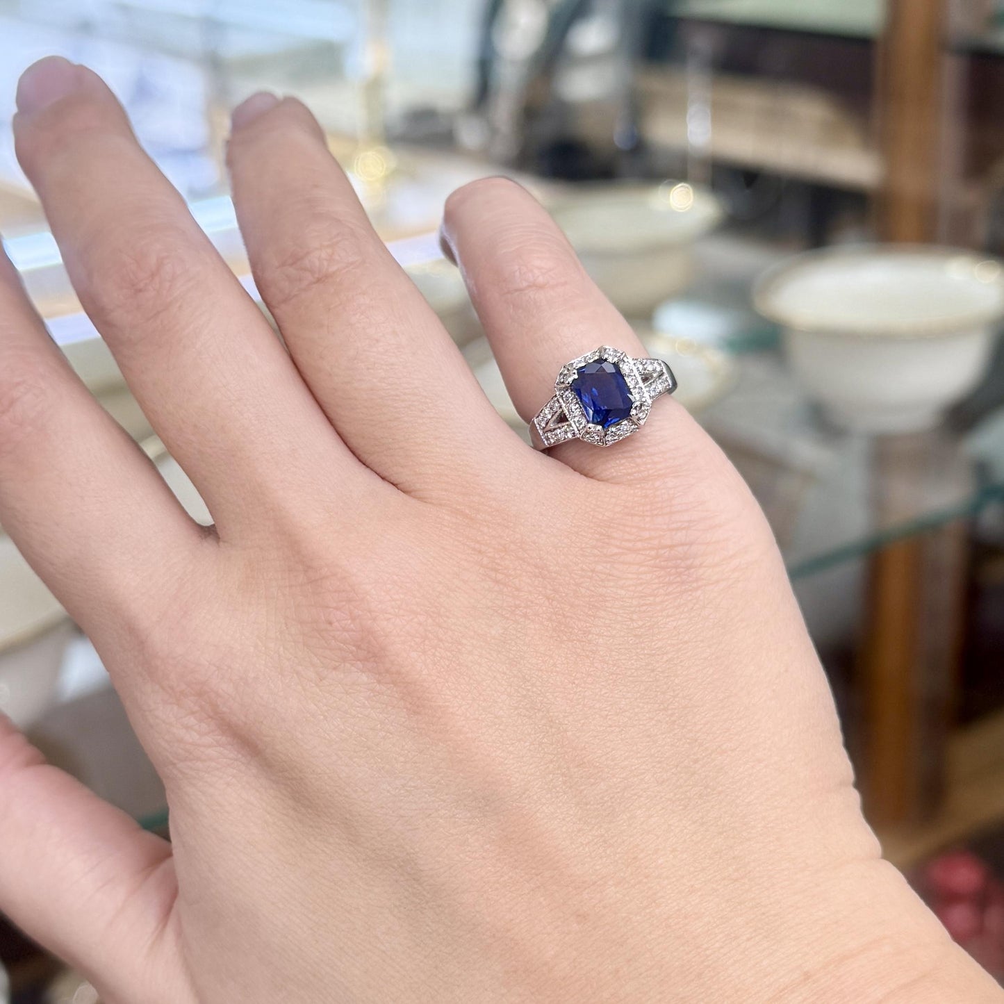 Sapphire and Diamond Split Shank Ring 14k White Gold