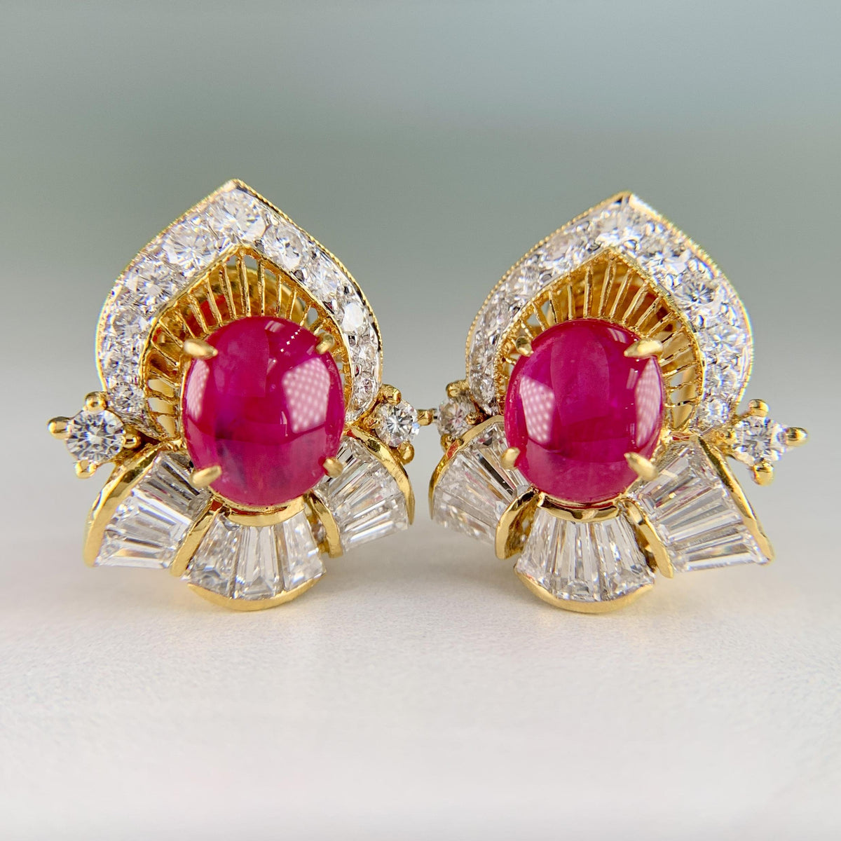 Vintage Ruby Cabochon and Diamond Clip On Earrings 18k Gold