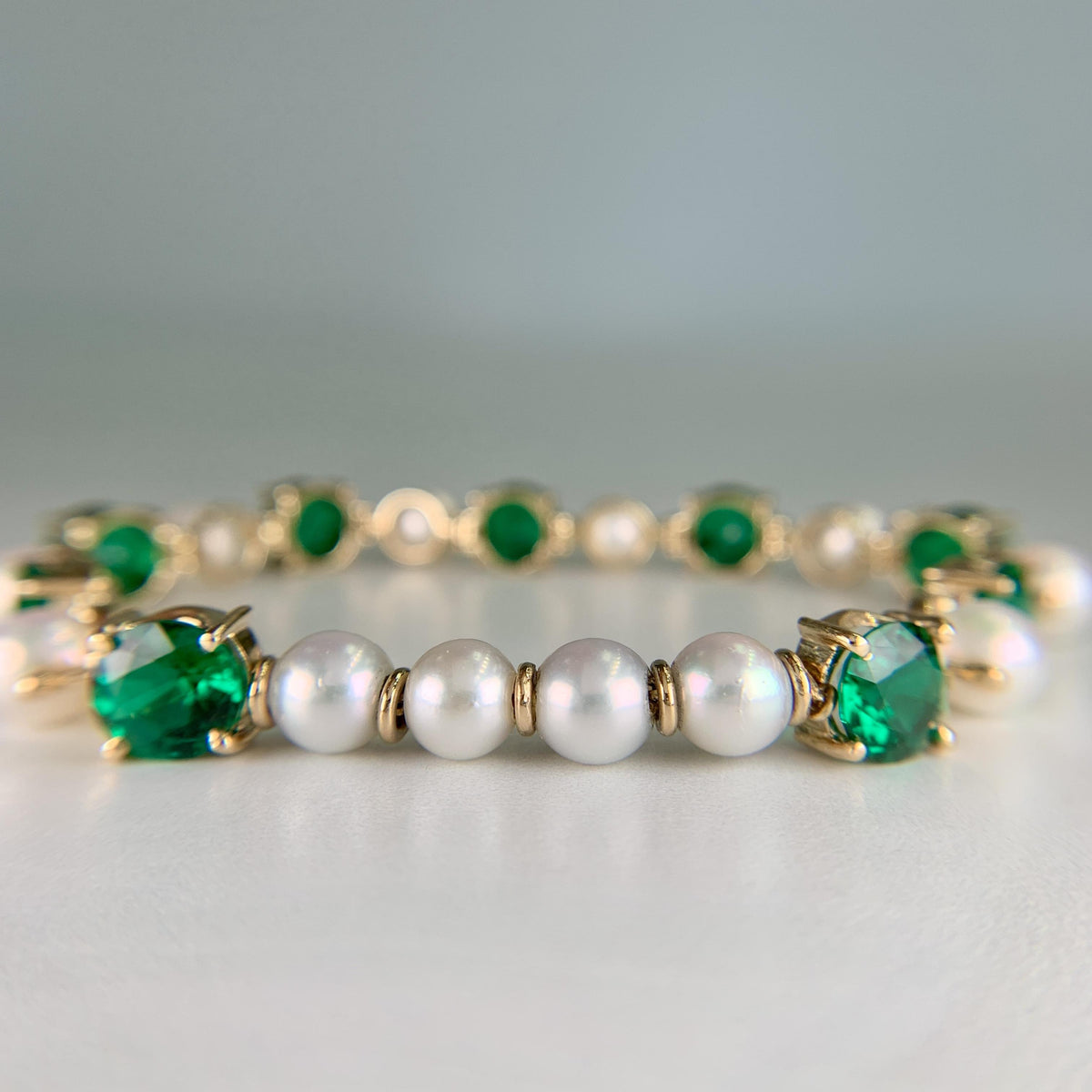 Vintage 1960's Pearl and Lab Grown Green Stone Bracelet 13-14k