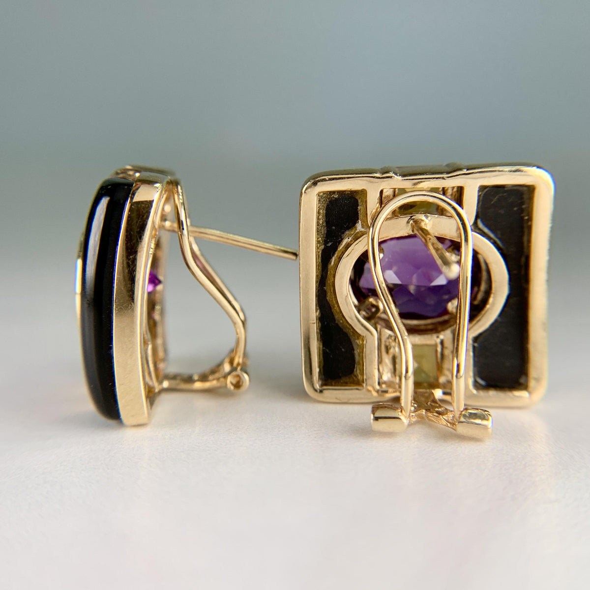 Vintage Onyx Amethyst and Citrine Earrings 14k Yellow Gold