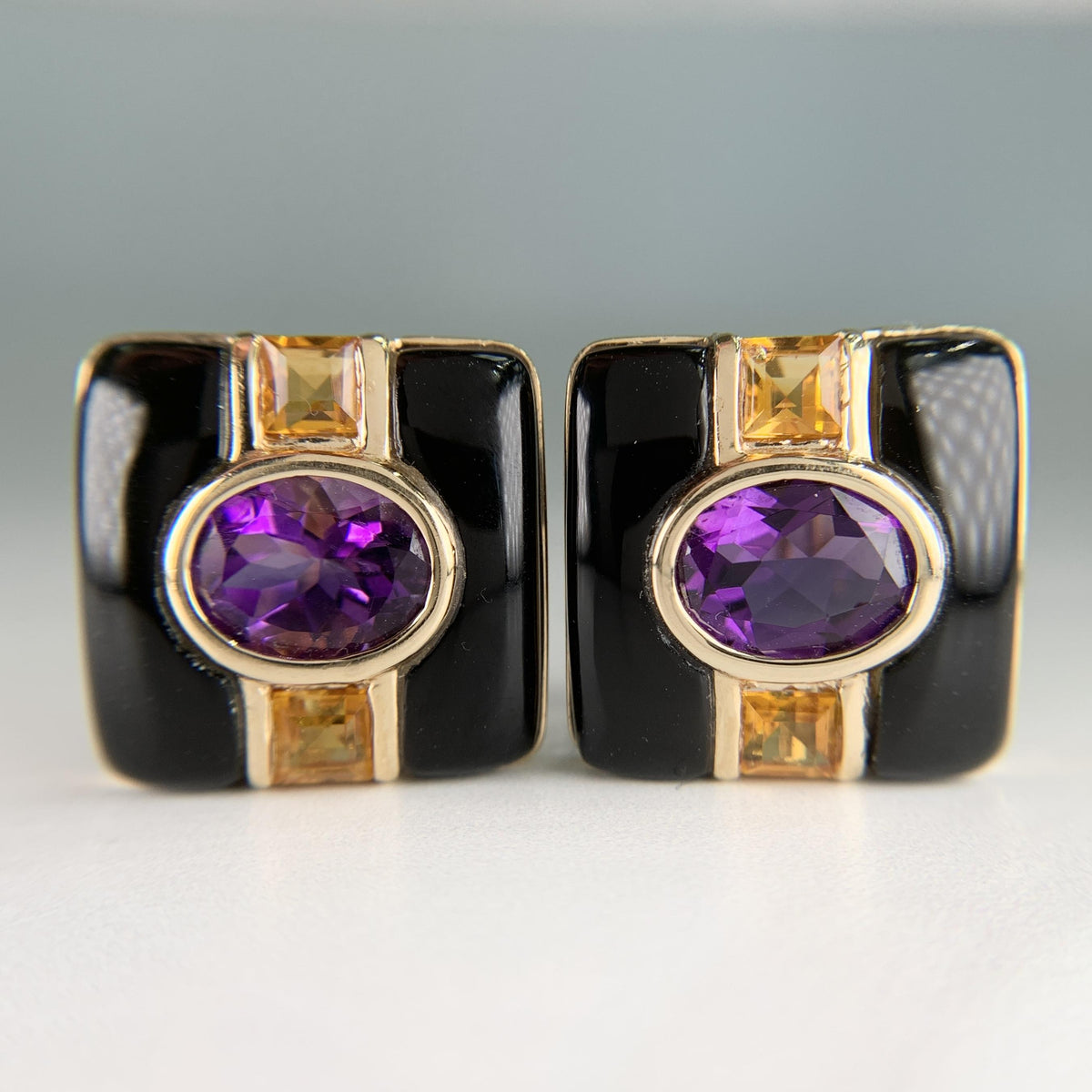 Vintage Onyx Amethyst and Citrine Earrings 14k Yellow Gold