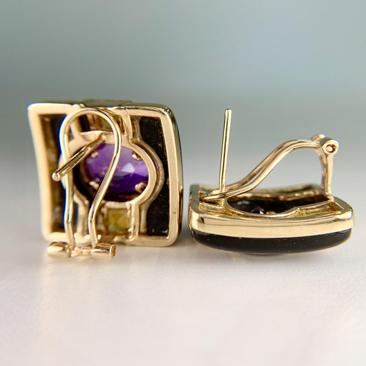 Vintage Onyx Amethyst and Citrine Earrings 14k Yellow Gold
