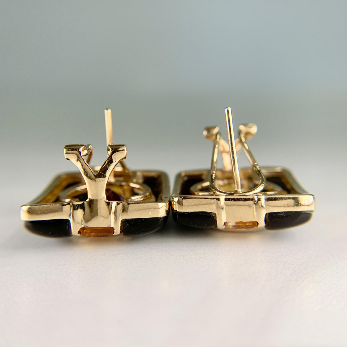 Vintage Onyx Amethyst and Citrine Earrings 14k Yellow Gold
