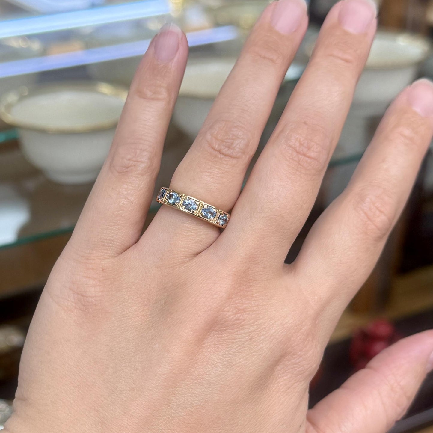 5 Stone Aquamarine Engraved Band Ring 14k Yellow Gold