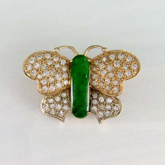 Vintage 1970's Jade Diamond Butterfly Brooch and Pendant 14k