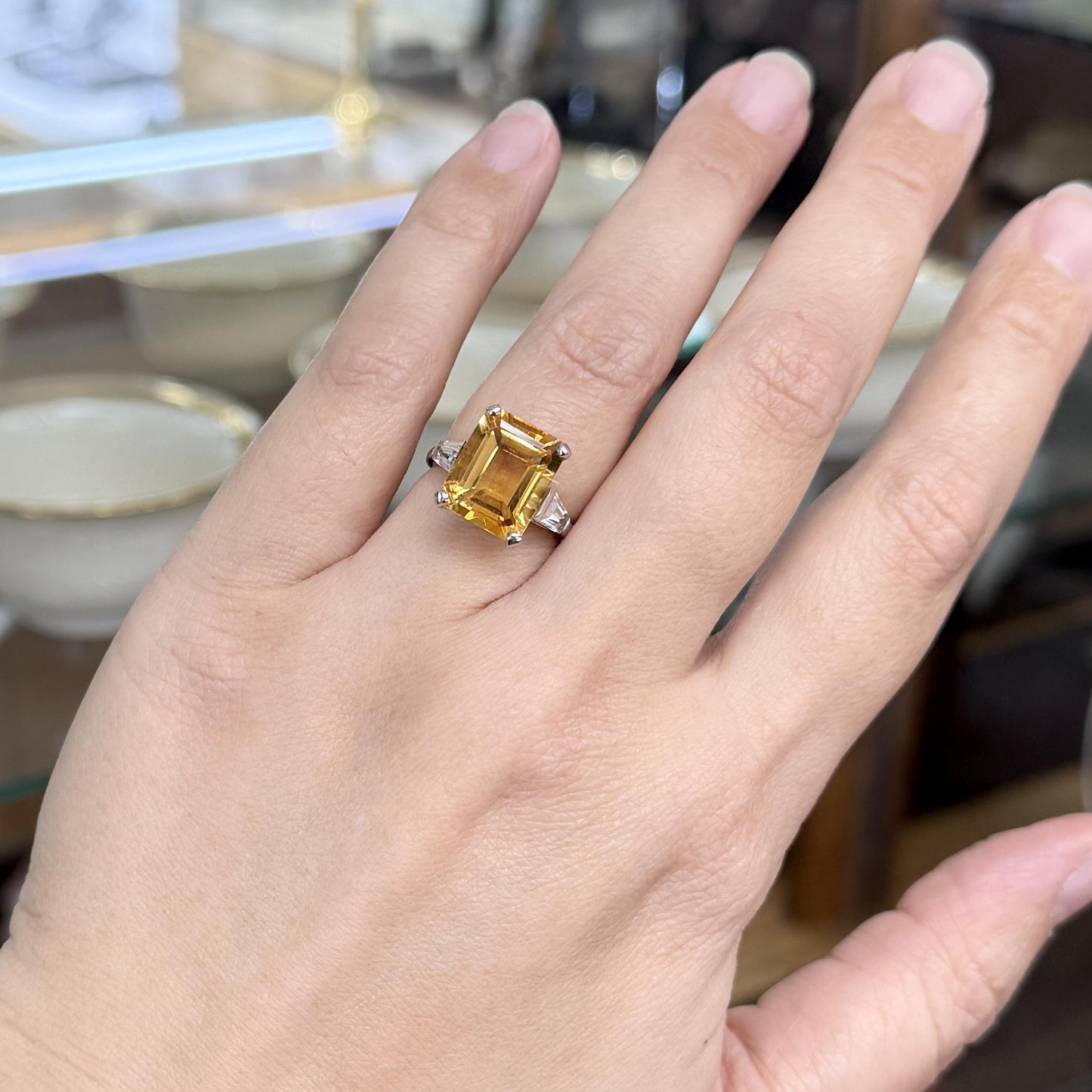 Emerald Cut Citrine and CZ Ring 14k White Gold