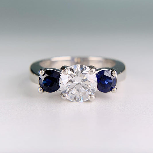 Vintage GIA Diamond and Sapphire 3 Stone Ring Platinum