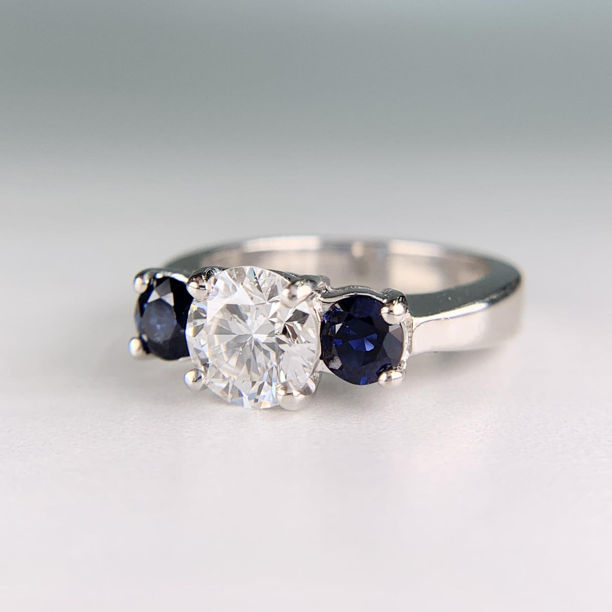 Vintage GIA Diamond and Sapphire 3 Stone Ring Platinum