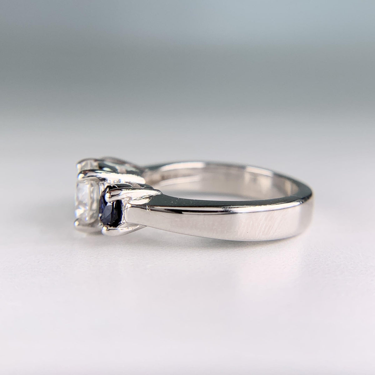 Vintage GIA Diamond and Sapphire 3 Stone Ring Platinum