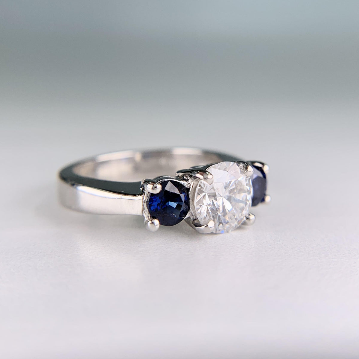 Vintage GIA Diamond and Sapphire 3 Stone Ring Platinum