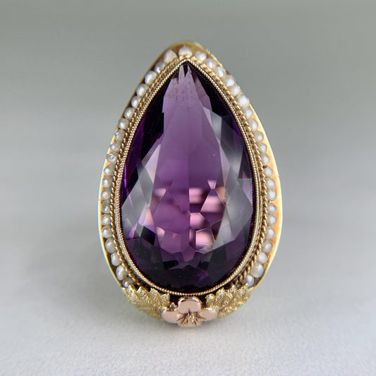 Antique 1925 Art Deco Amethyst and Seed Pearl Statement Ring 14k