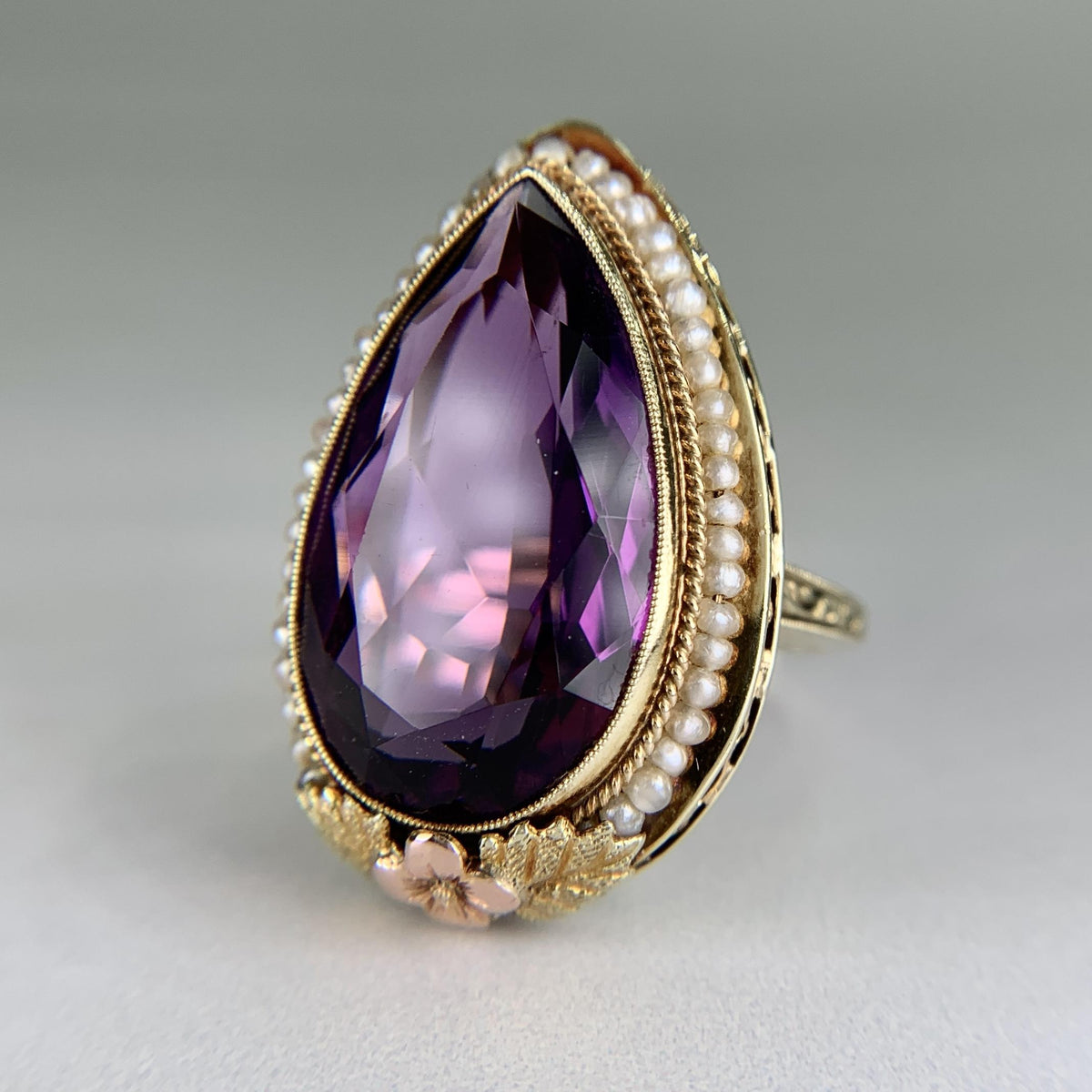 Antique 1925 Art Deco Amethyst and Seed Pearl Statement Ring 14k