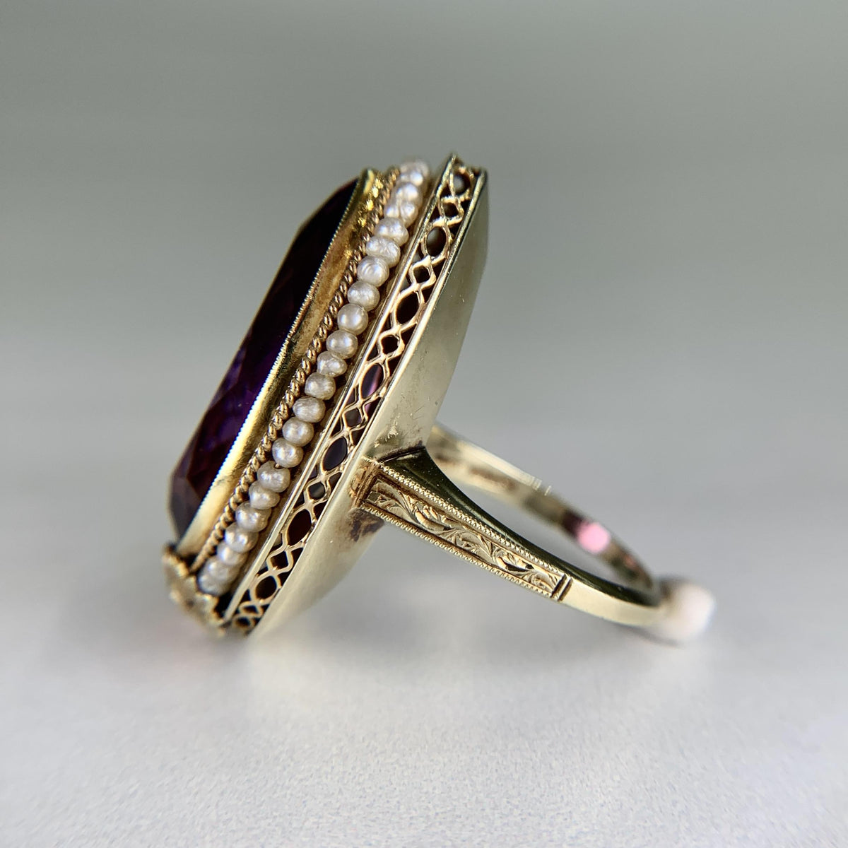 Antique 1925 Art Deco Amethyst and Seed Pearl Statement Ring 14k