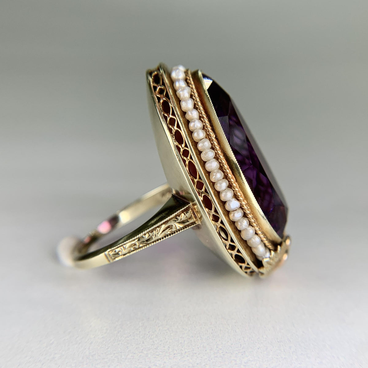 Antique 1925 Art Deco Amethyst and Seed Pearl Statement Ring 14k