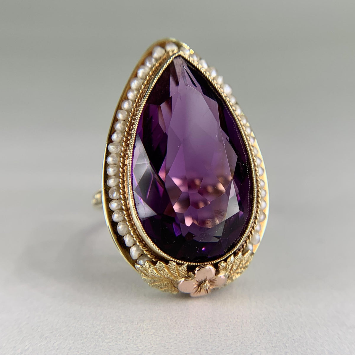 Antique 1925 Art Deco Amethyst and Seed Pearl Statement Ring 14k