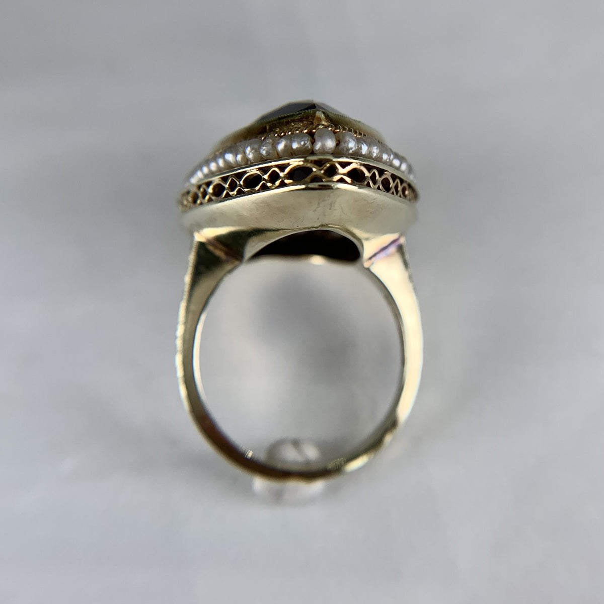 Antique 1925 Art Deco Amethyst and Seed Pearl Statement Ring 14k