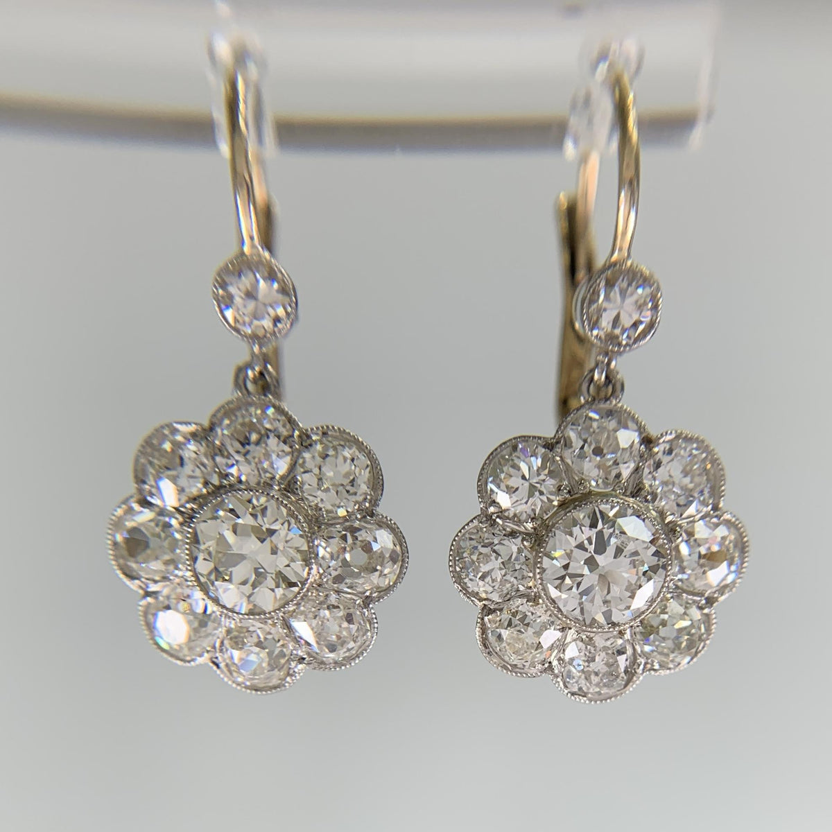 Vintage Old Mine and Old European Cut Diamond Flower Dangle Earrings 18k/Plat
